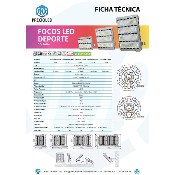 Foco LED pistas Padel, Tenis, baloncesto, basket. 100w