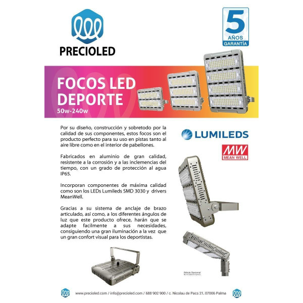 Foco LED pistas Padel, Tenis, baloncesto, basket. 50w