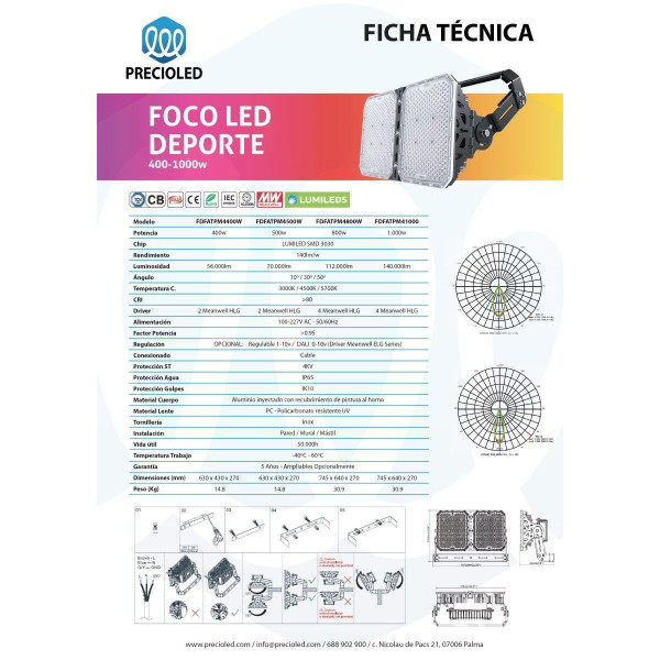Foco LED Deporte (fútbol, atletismo, beisbol, rugby,...) 400w