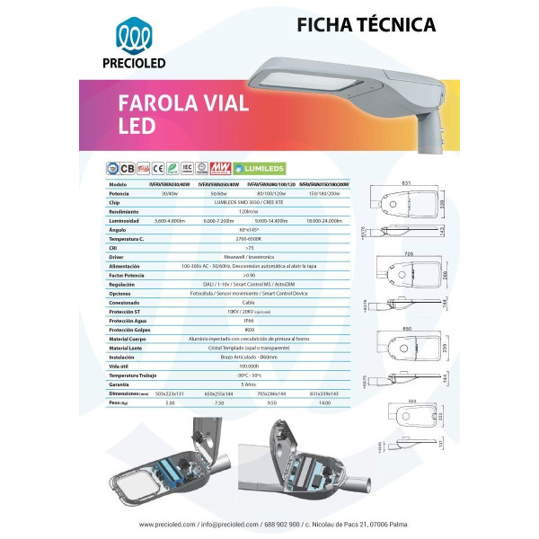Farola LED Vial 30-200w. Inventronics-Meanwell, CREE, Lumileds