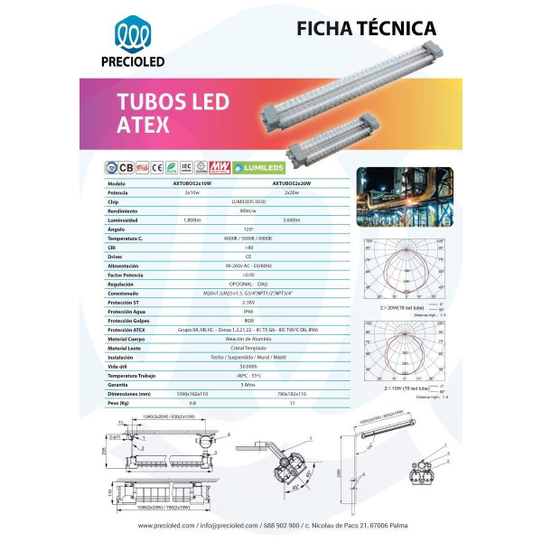 Luminaria LED ATEX, 20w-40w - IIC T5 Gb - IIIC T95ºC Db