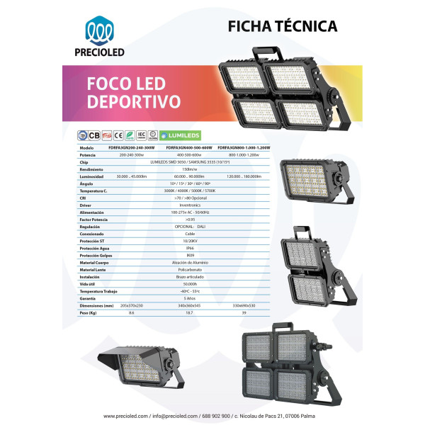 Foco LED Deporte (fútbol, atletismo, beisbol, rugby,...) 500w