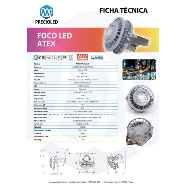 Foco LED ATEX, 20w hasta 200w - EX db IIC  T3/T4/T5 Gb
