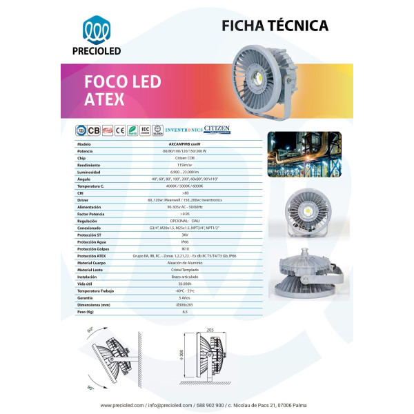 Foco LED ATEX, 20w hasta 200w - EX db IIC  T3/T4/T5 Gb